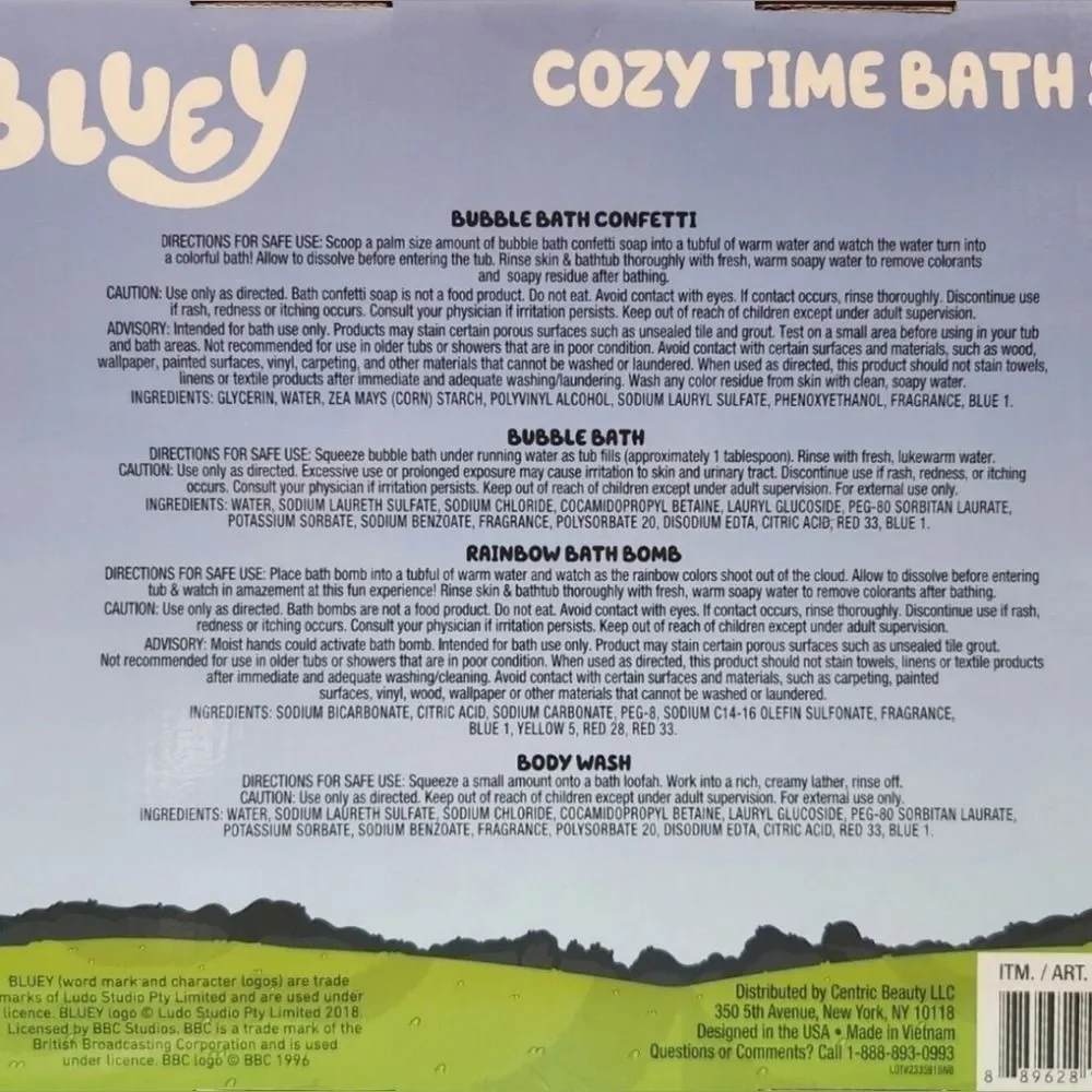 Bluey Cozy Bath Set 6-piece NEW Sealed Bubble Bath Body Wash Bath Bomb Sponge